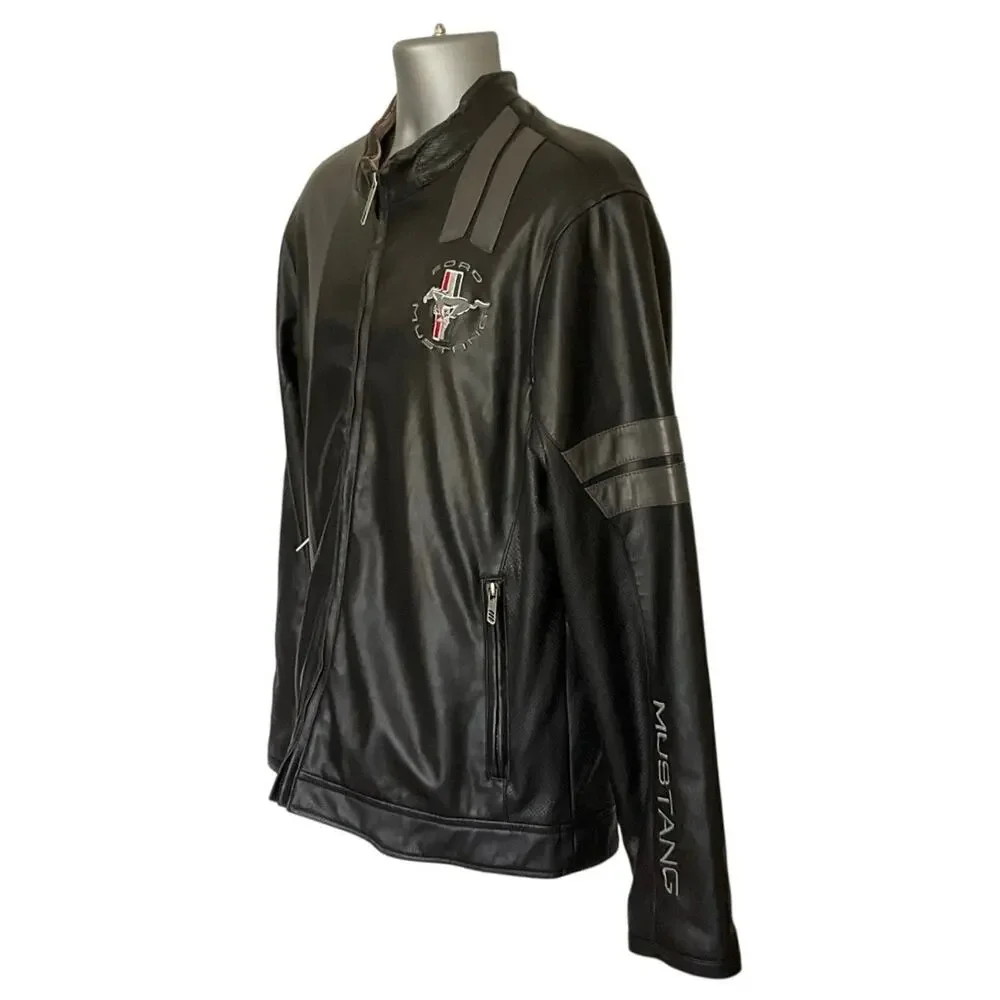 Ford Mustang Faux Leather Jacket Men’s XL Black Full Zip Embroidered Moto Coat